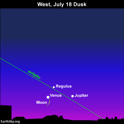 Circle July 18, 2015, on your calendar. The waxing crescent moon, Venus, Jupiter and Regulus will convene in the  west at dusk/nightfall. 
