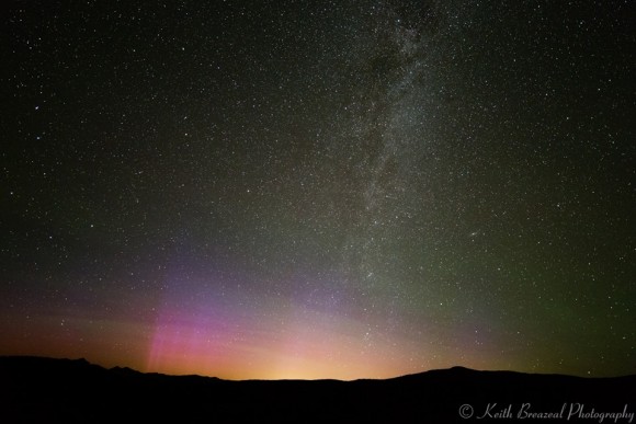 Auroras from Echo Summit (south of Lake Tahoe, California) on Tuesday morning (6/23) at 2am. The entire sky was filled with color in this 25 second exposure. The auroras were faintly visible as a dull glow with the naked eye, by Keith Breazeal 