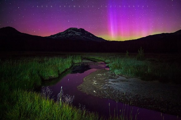 Soda Creek, South Sister and the aurora borealis from early this morning (6/23) in the Cascade Mountains of Oregon.