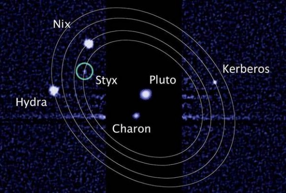 This image from the Hubble Space Telescope shows Pluto and its five known moons. The New Horizons team plans to study the moons during July's Pluto flyby. L. Frattare / STScI / NASA / ESA 