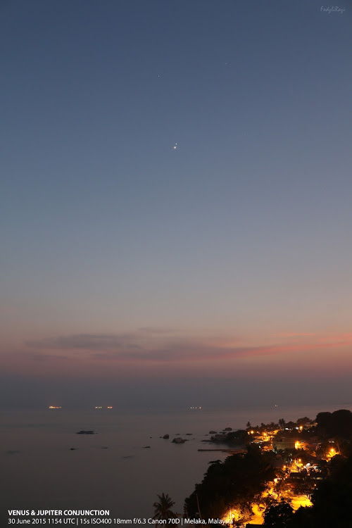 Our friend on G+ Mohamad Fadzli caught Venus and Jupiter tonight - June 30, 2015 - as the sun set over Melaka, Malaysia.  Thank you, Mohamad!