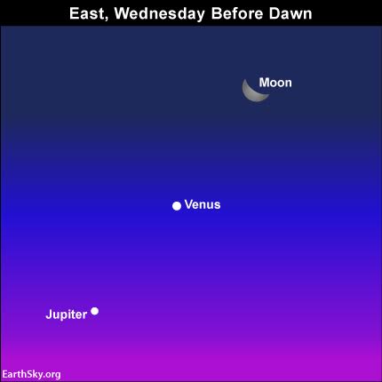 Coming up soon! The bow of the waning crescent moon points toward Venus and Jupiter before sunrise on Wednesday, October 7. Read more