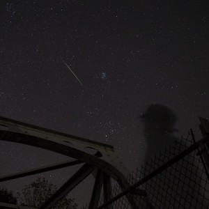 Meteor in front of constellation Taurus. Notice the dipper-shaped Pleiades and V-shaped Hyades below them. Cold Spring, New York - September, 2015 - 2 a.m.  Photo by Isaac Rodriguez.