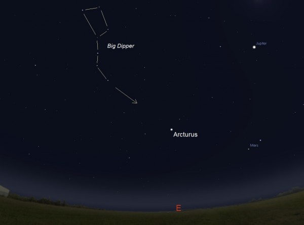 Facing east beginning around 4:30 a.m. local time until sunrise in early January. How can you know which star is Arcturus? The stars that form the Big Dipper’s handle point to this star. Before sunrise on January 9, Comet Catalina will be located at the tip of the arrow. Illustration by Eddie Irizarry using Stellarium.