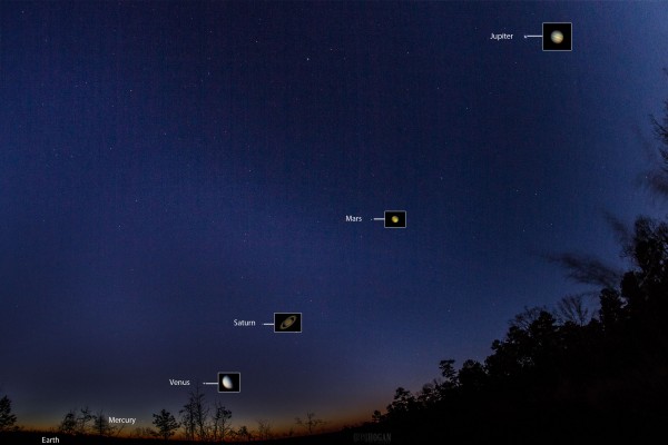 View larger. | Five planets before dawn, by Greg Hogan in Kathleen, Georgia. Photo taken January 24, 2016.