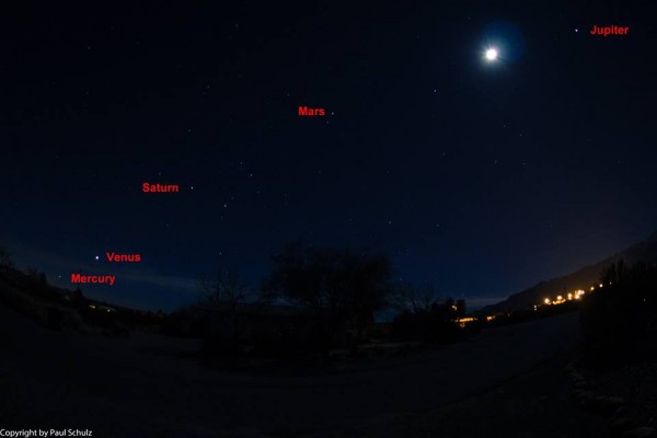 View larger. | Paul Schulz of Arizona took this photo of the five morning planets on January 29, at 6:00 a.m.