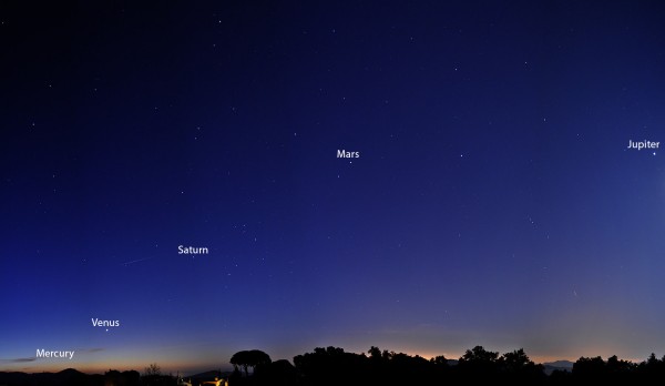 Five planets before dawn, by Juan Carlos Murillo in Barcelona, Spain. Photo taken January 27, 2016.