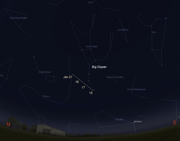 View larger. | Facing northeast beginning around 1:00 a.m. local time – the time on your clock from most parts of the globe – until sunrise from January 15 to 21, 2016. Comet Catalina passes very close to the stars that form the Big Dipper as it nears its closest point to Earth. Illustration by Eddie Irizarry using Stellarium.