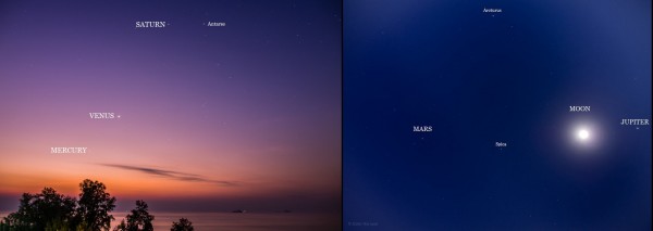 View larger. | All five planets before dawn on January 29, 2015, from Vince Babkirk - aka Mister Hat - in Hua Hin, Thailand. The moon has just passed Jupiter and will be moving past all the planets in the coming days.