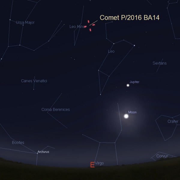 Although comet P/2016 BA14 should be very dim because it will be far from the Sun, advanced amateurs may capture the celestial visitor. This illustration shows the position of the comet shortly after sunset on March 22,2016. Illustration by Eddie Irizarry using Stellarium. 
