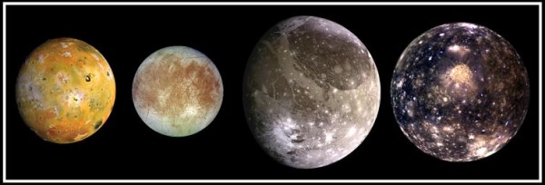 Four round moons with different colors and textures.