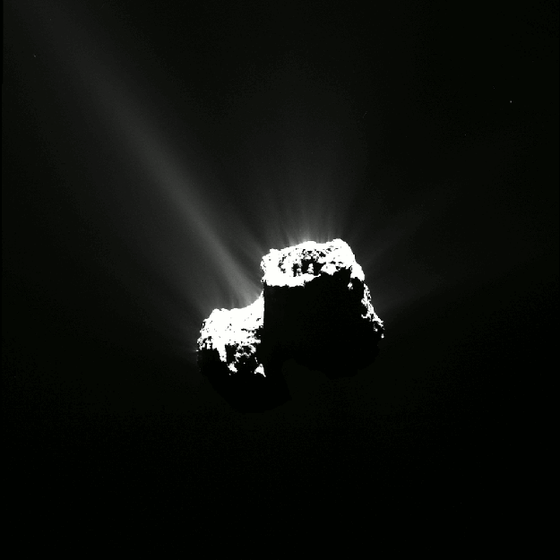 This series of images of Comet 67P/Churyumov-Gerasimenko was captured by Rosetta's<br> OSIRIS narrow-angle camera on 12 August 2015, just a few hours before the comet reached <br>the closest point to the Sun along its 6.5-year orbit, or perihelion. The images were taken from<br> a distance of about 330 km from the comet. The comet's activity, at its peak<br> intensity around perihelion and in the weeks that follow, is clearly visible in these spectacular<br> images. Image credit: ESA/Rosetta/MPS for OSIRIS Team MPS/UPD/LAM/IAA/SSO/INTA<br>/UPM/DASP/IDA