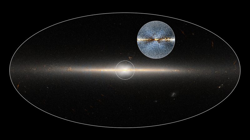 WISE all-sky image of Milky Way galaxy. The circle is centered on the galaxy's central region. The inset shows an enhanced version of the same region that shows a clearer view of the X-shaped structure. Image via NASA/JPL-Caltech; D. Lang/Dunlap Institute.