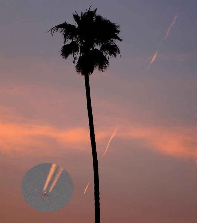 Especially when they're seen in the west around sunset, jet contrails can look like falling objects. Image via Contrail Science.