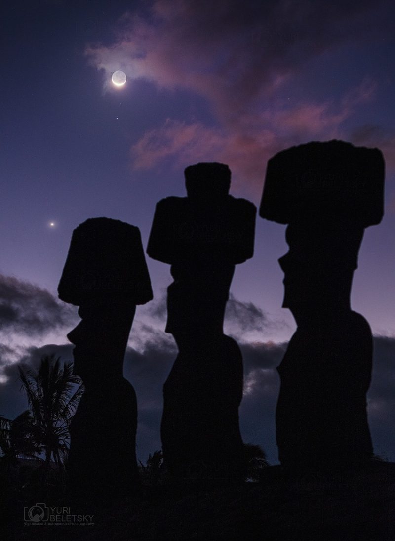 3 Easter Island monuments against a purple evening sky.