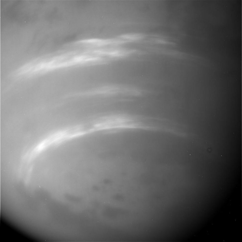 Fuzzy white streaks in Titan's atmosphere.