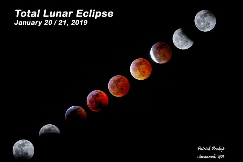 Nine photos of the lunar eclipse in a single image, showing stages of the eclipse.