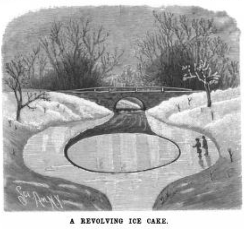 Old-fashioned drawing of creek scene, small bridge in background, ice disk. Two people looking at it.