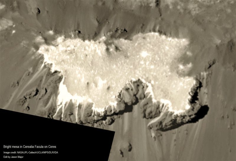 White ice-like surface of an irregular raised rocky area.
