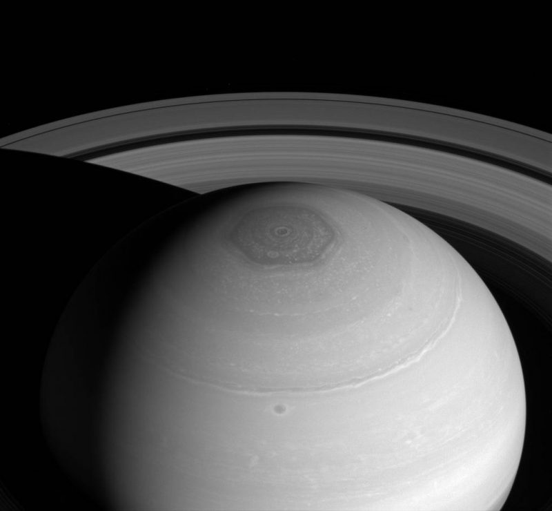 Top view of Saturns with hexagon cloud formation at Saturn's north pole.