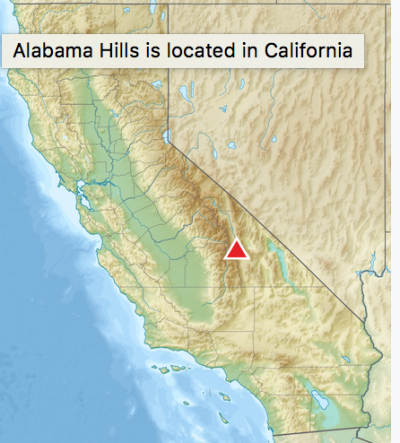 Map of California with location of Alabama Hills identified.