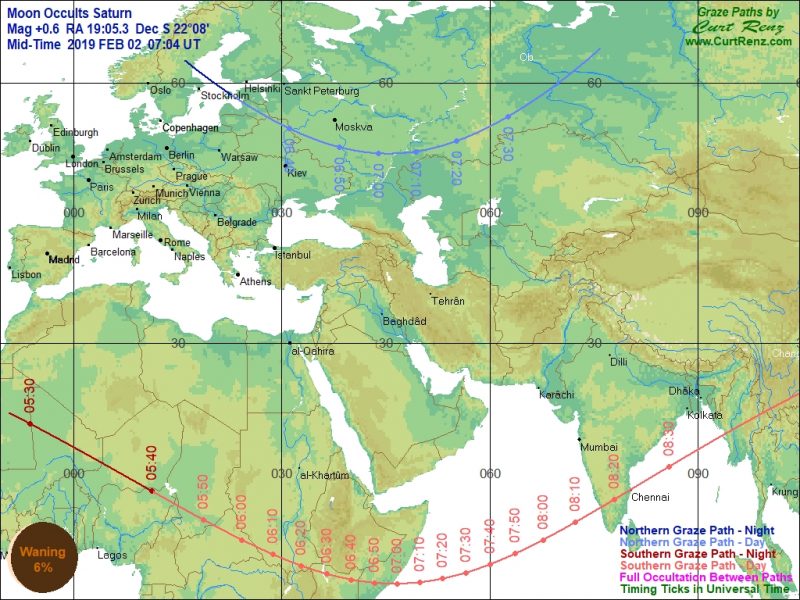 Map of Europe, the Middle East, and part of Africa with lines showing zone of occultation.