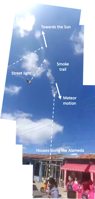 Street light, cloud trail, houses. Arrow pointing in direction of meteor path.