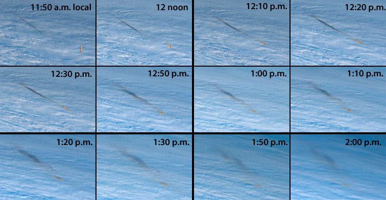 Panels showing the smoke trail from noon to 2:00.