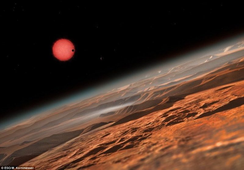 In the foreground, a curve of a rocky planet, with atmosphere above. In the background, a red star.