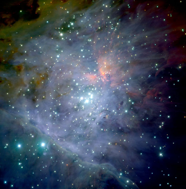 Mostly blue gas cloud in space with numerous stars.