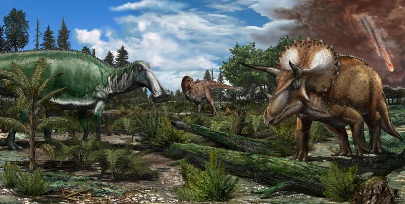 Duck=billed dinosaur and triceratops on a floodplain, asteroid streaking downward in background.