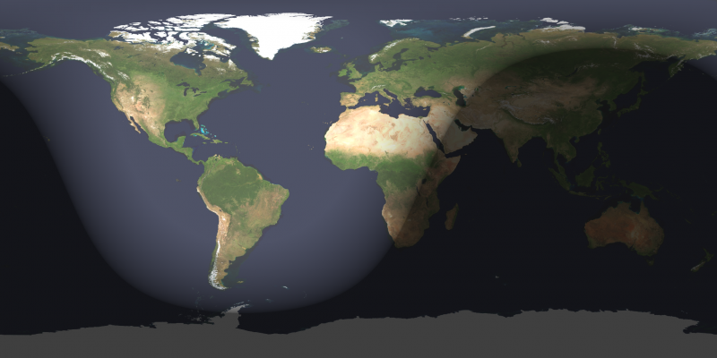 World map with light part over Americas, Europe, and most of Africa, rest dark.