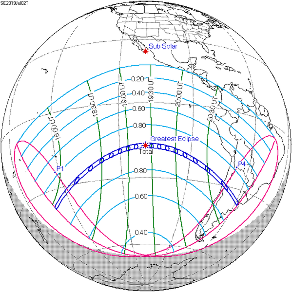 Line map of globe showing path of eclipse over South America and Pacific Ocean.