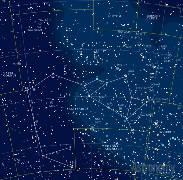 Star chart with constellation Sagittarius and very many Messier objects marked.