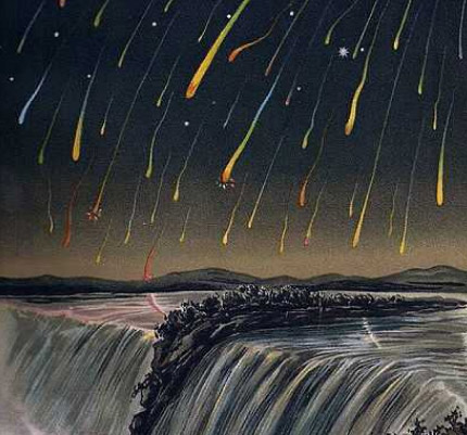 This is a famous woodcut of the 1833 Leonid meteor storm.  No Leonid storm is expected this year, but if you watch in the next few mornings you might see a few meteors!