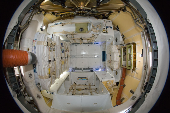 A look inside the Dragon cargo capsule after it was connected to the International Space Station. Photo via NASA