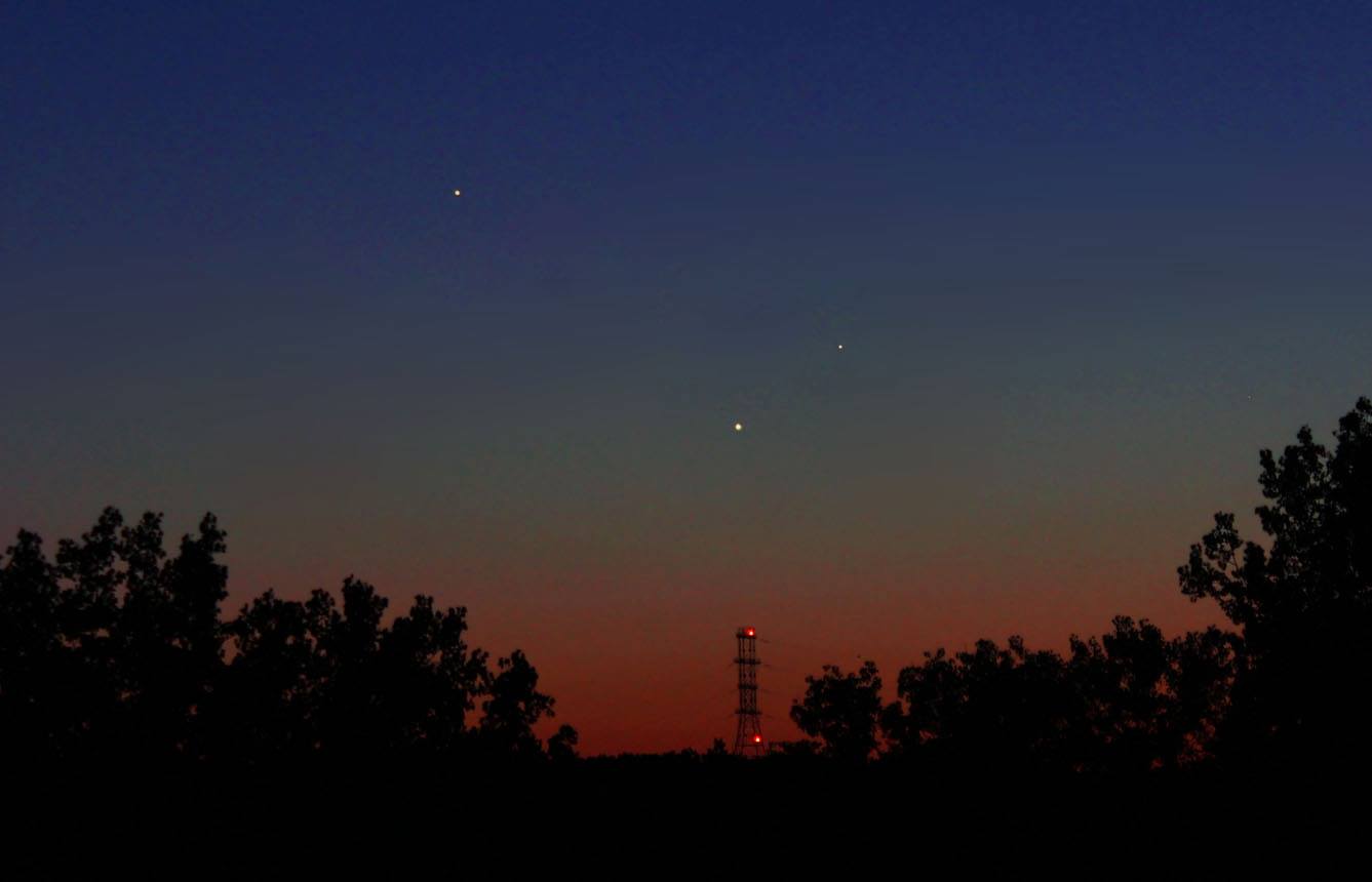 View larger.  |  From left to right, Jupiter, Venus and Mercury as seen last night, May 24.  EarthSky Facebook friend Duke Marsh captured this photo in Clarksville, Indiana.