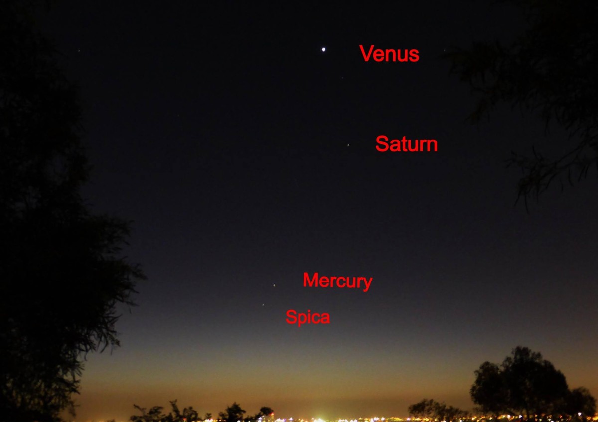 View larger. |  EarthSky Facebook friend Peter Wong in Adelaide, Australia captured this image of planets and the star Spica in the west after sunset on September 26, 2013.  As seen from the Southern Hemisphere - where it's spring now - the planets are straight up above the sunset.  Thank you, Peter!