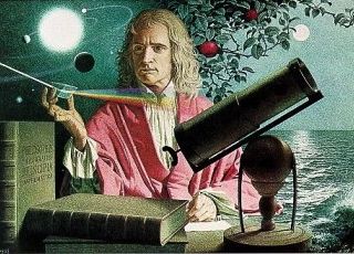 Long-haired man with emblems of his discoveries such as a prism, a telescope, an apple, and planets with their orbits.