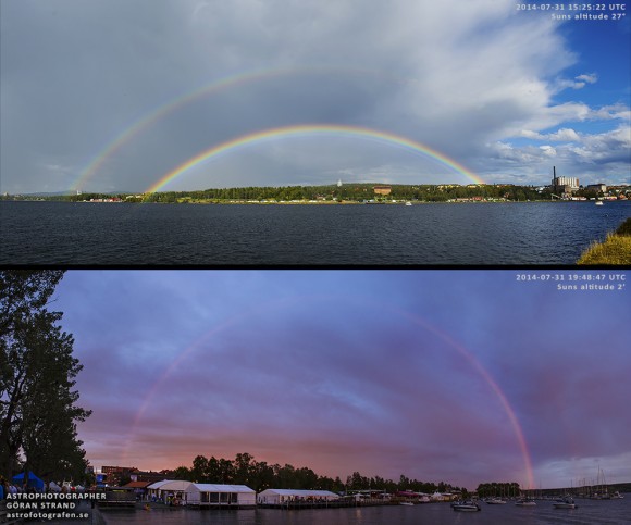 2 images: very flat arc regular double rainbow and somewhat taller red rainbow.