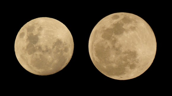 View larger. | At right, the August 29, 2015 supermoon at exactly the time (18.36 UT) when it was full. At left, the March 5, 2015 'micro-moon' - smallest full moon of the year.  Photos by Peter Lowenstein in Mutare, Zimbabwe.
