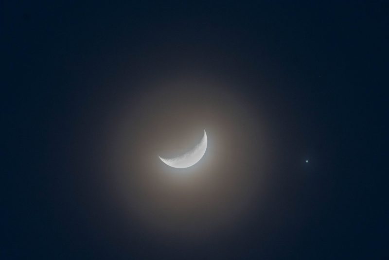 The moon and Jupiter were less than one degree apart - about 2 moon-diameters apart - as seen from Malaysia. Photo via our friend Azya Matsumoto.
