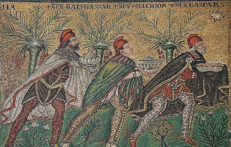 Mosaic picture of three men in ancient Persian clothing, holding gifts.