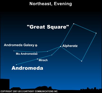 Chart of constellation Andromeda next to Square with galaxy shown slightly above it.