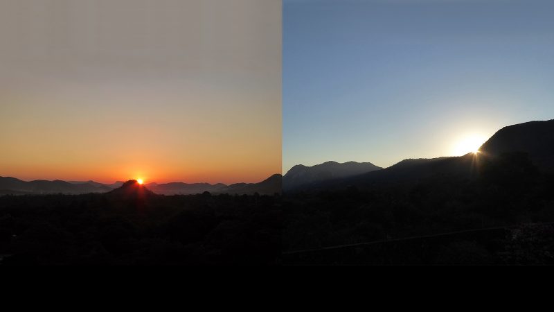 Due immagini del tramonto, con sole a diversi posizi rispetto ad un orizzonte roccioso. Solstizio inverno