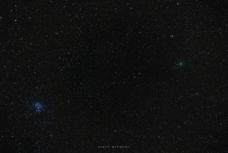 Komet 46P/Wirtanen tertangkap kamera Scott McNeill di Frosty Drew Observatory, Charlestown, Rhode Island, Amerika Serikat. Komet itu terlihat di dekat Pleiades atau Seven Sisters pada 10 Desember 2018 lalu.