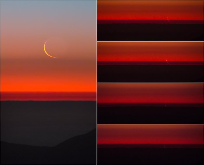 Several photos showing crescent moon against orange sunset lower in each one.