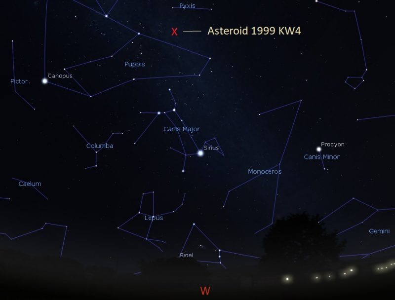 Star chart of asteroid location with constellation Puppis, stars Sirius, Canopus, and Procyon.