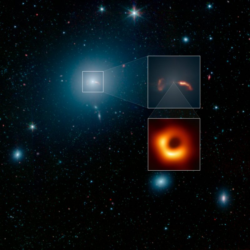 Galaxy with insets of black hole between 2 jets of ejected material, & of black hole closeup photo.