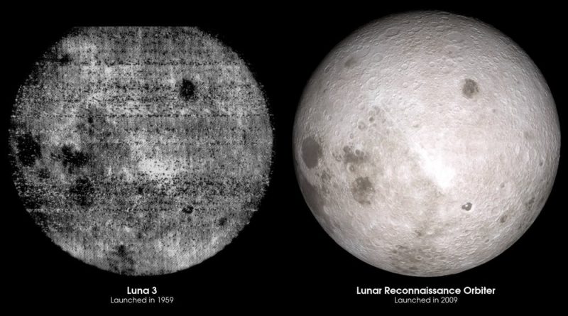 Two panels: left side very fuzzy image of back side of moon, right side clear image.
